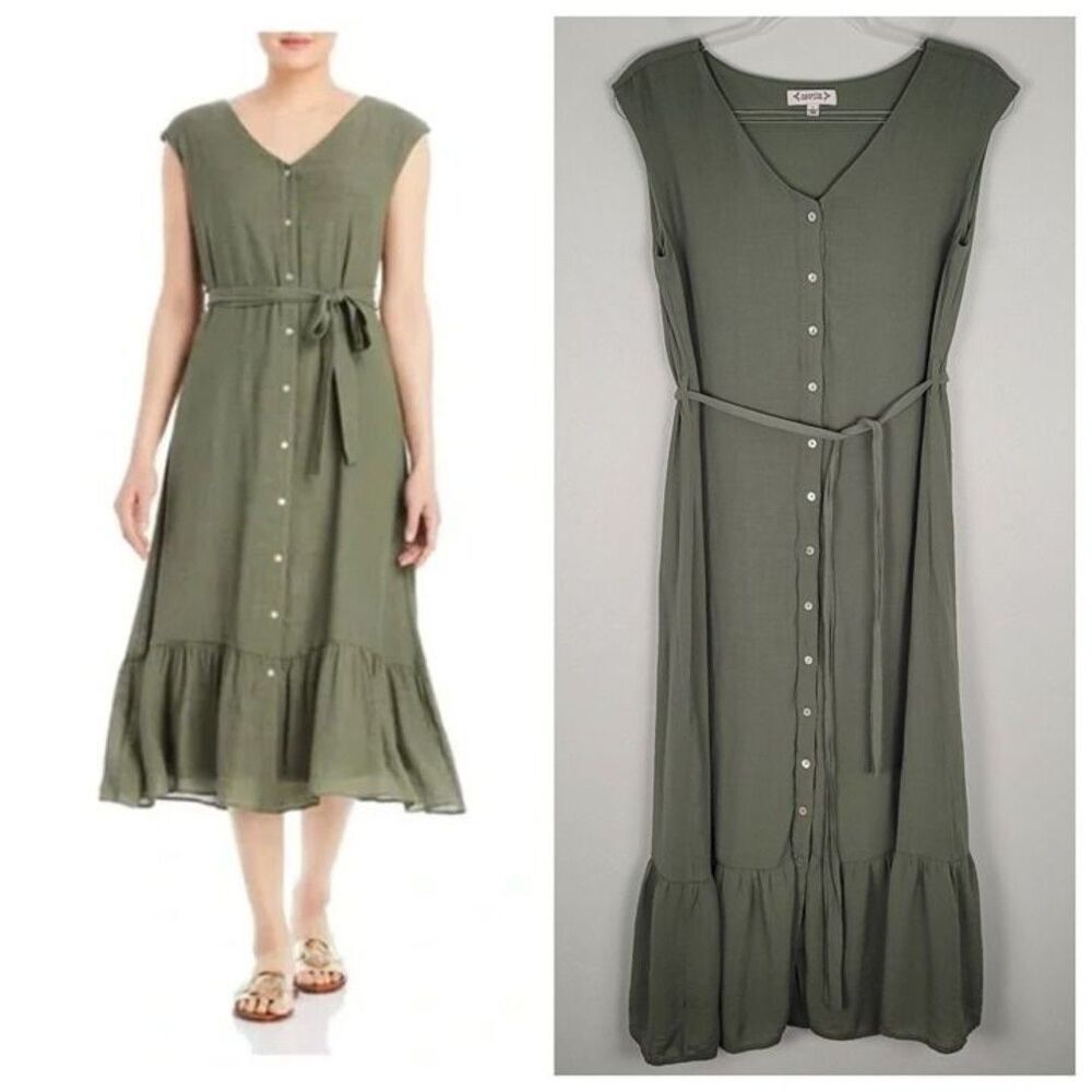 Nanette Lepore Size 8 Sleeveless Midi Dress Button Front Ruffle Hem Olive Green